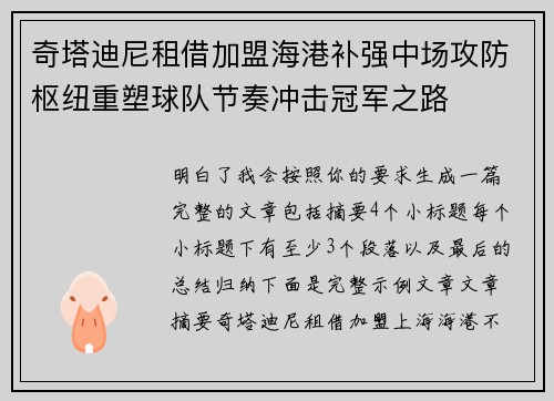 奇塔迪尼租借加盟海港补强中场攻防枢纽重塑球队节奏冲击冠军之路 奇塔迪尼租借加盟海港补强中场攻防枢纽重塑球队节奏冲击冠军之路